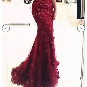 Red lace and sequin evening gown